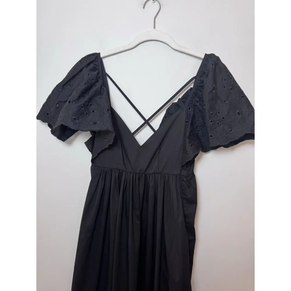 En Saison Barnette Black Midi Dress Eyelet Sleeves Size XS Pockets NWT